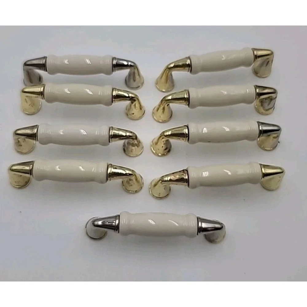 VTG‎ 9pc Brass Beige Ceramic Cabinet Handles Drawer Pulls 3